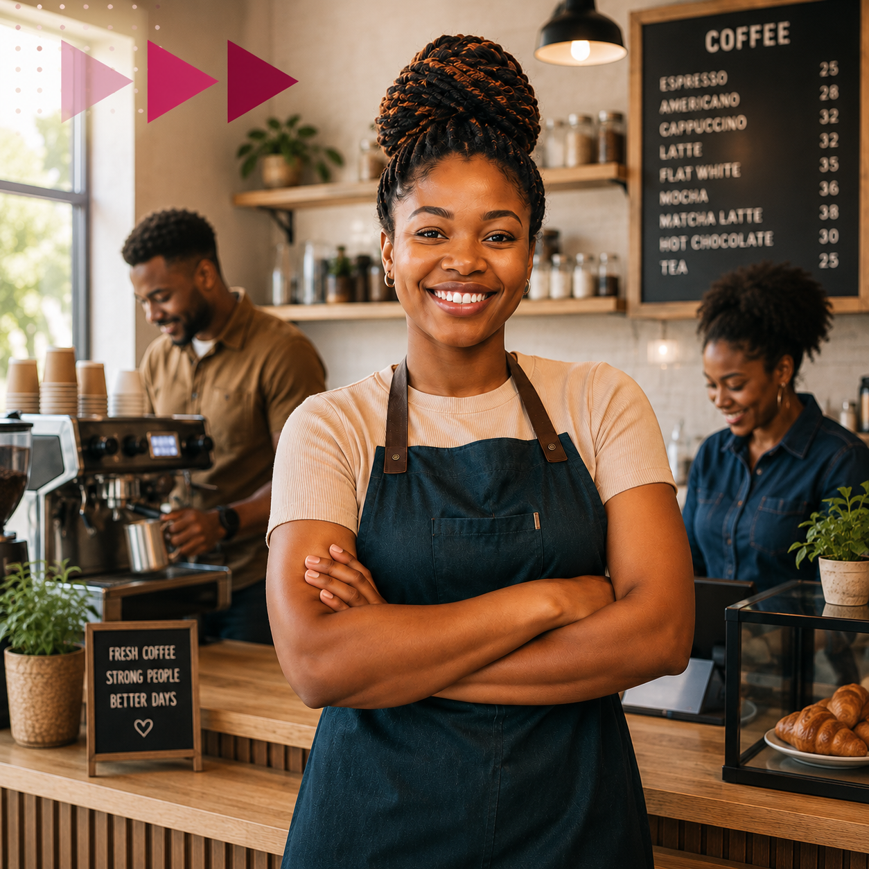 Young South African business owner standing confidently in her café